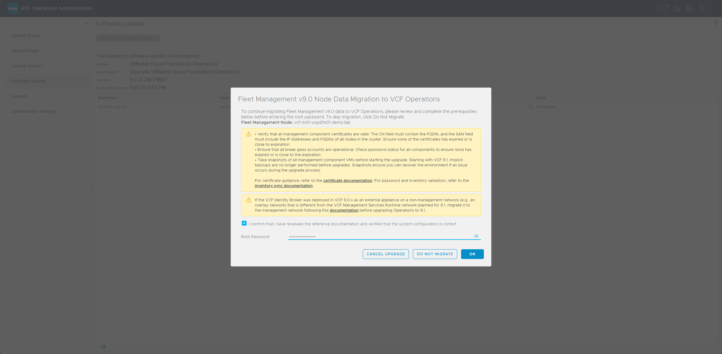 Wizard prompting for the Fleet Management appliance root password