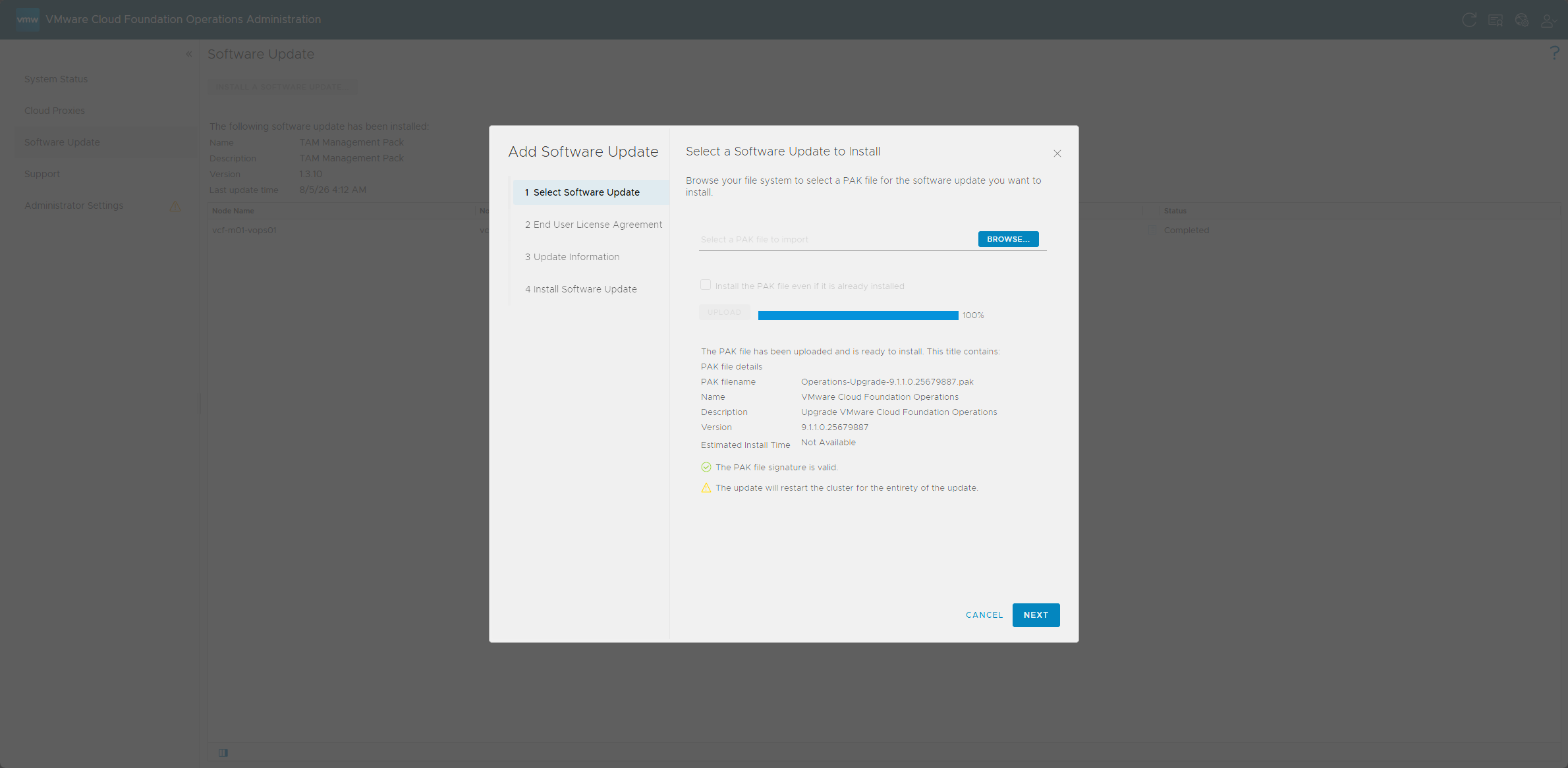 Uploading the VCF Operations 9.1.1 PAK file