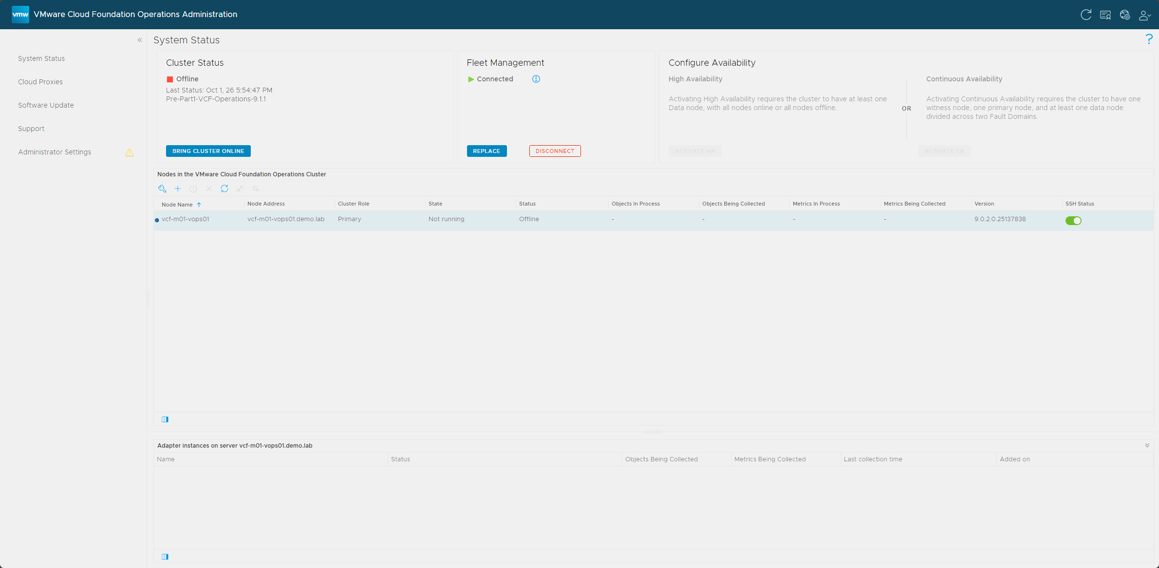 VCF Operations admin interface with the cluster taken offline