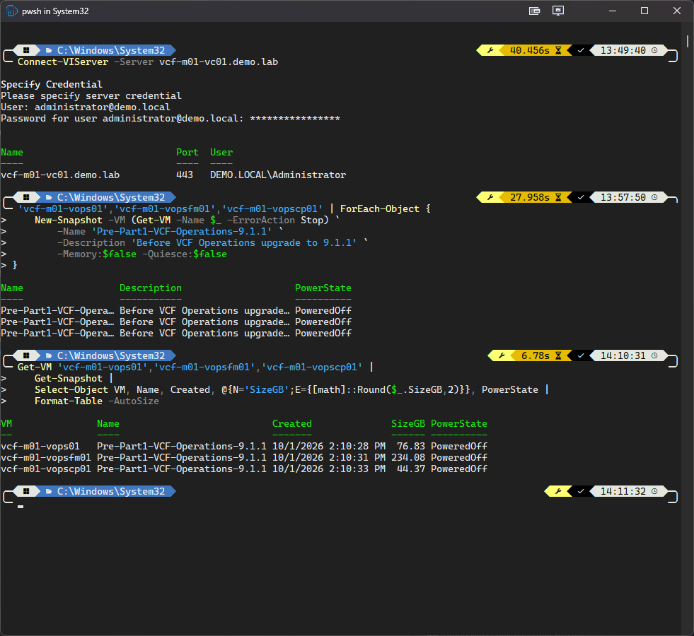 PowerCLI creating the three snapshots and then listing them