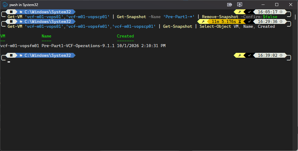 PowerCLI listing showing only the Fleet Management snapshot remaining