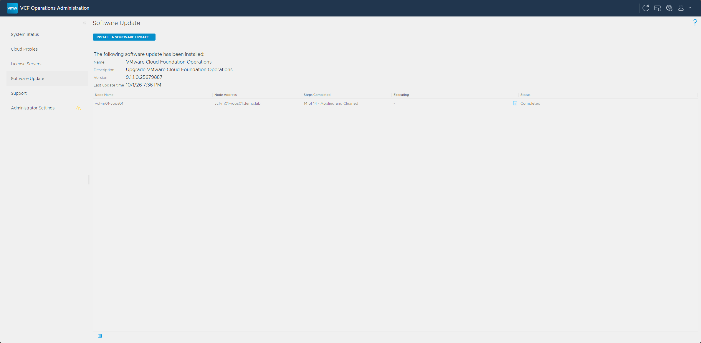 Software Update page showing the VCF Operations 9.1.1 upgrade completed
