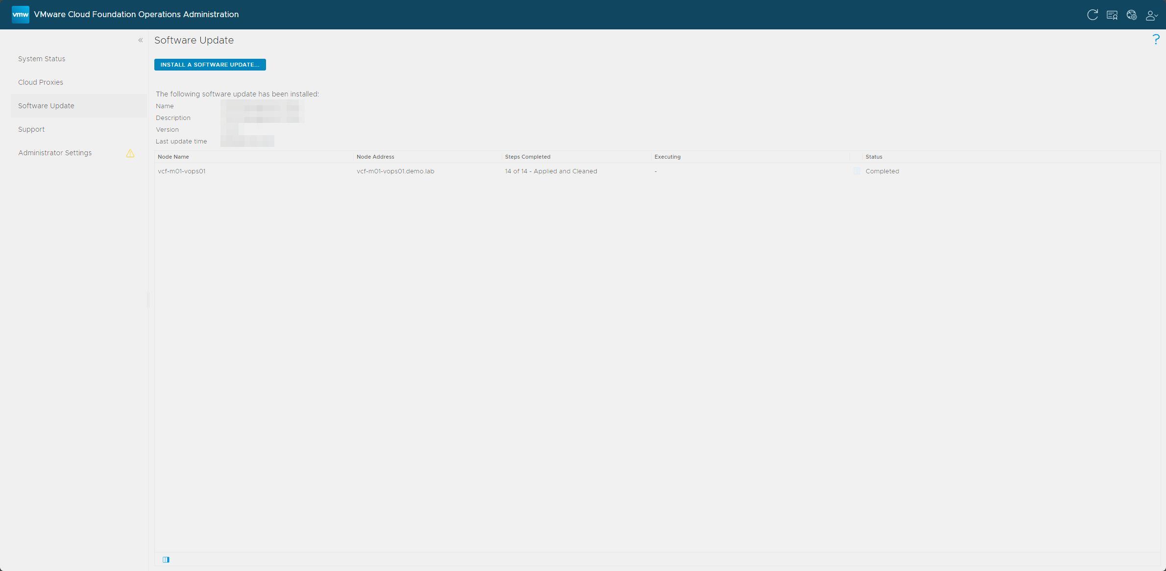 VCF Operations admin interface - Software Update page