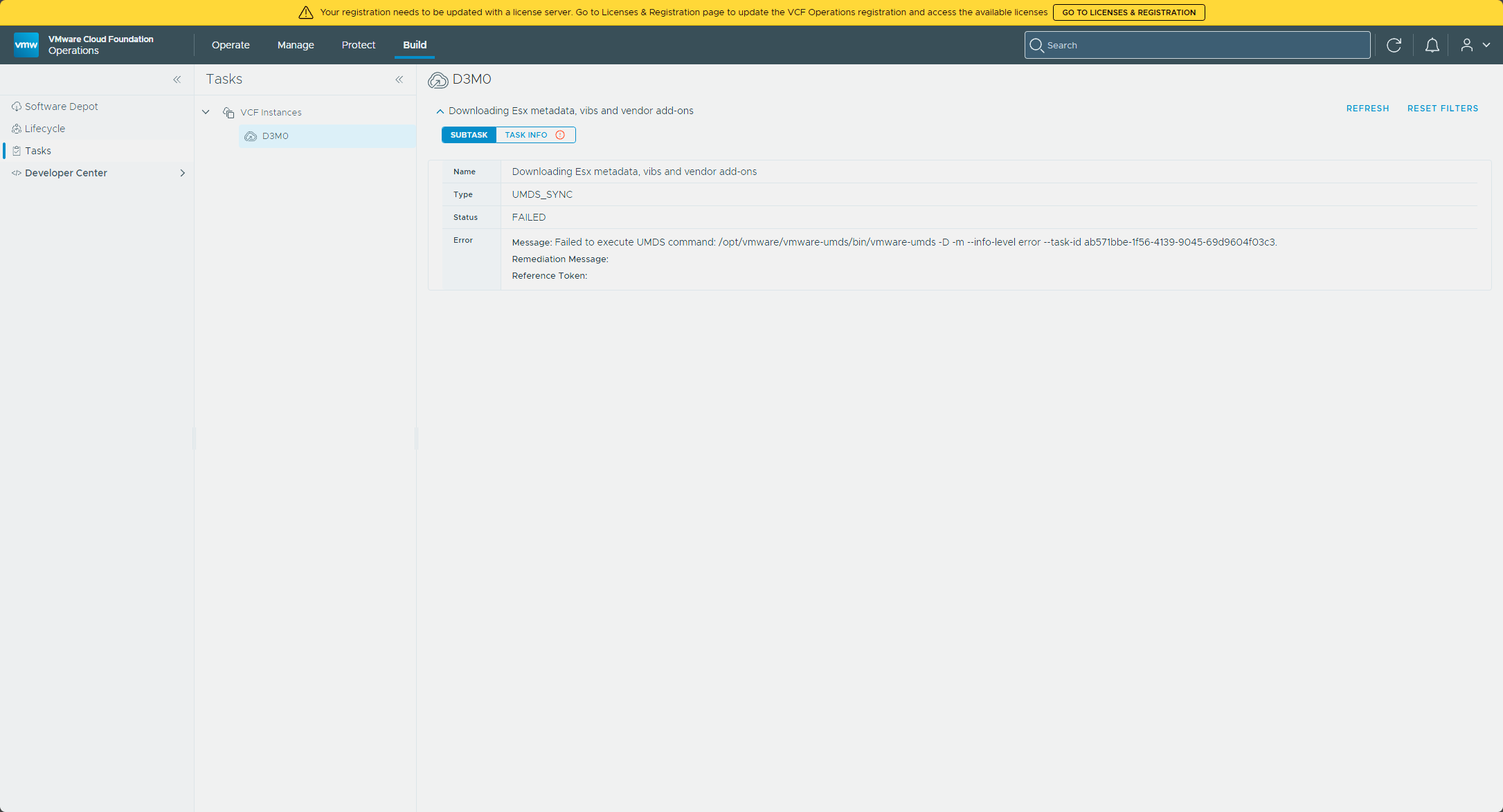 The Downloading Esx metadata, vibs and vendor add-ons task failed in VCF Operations