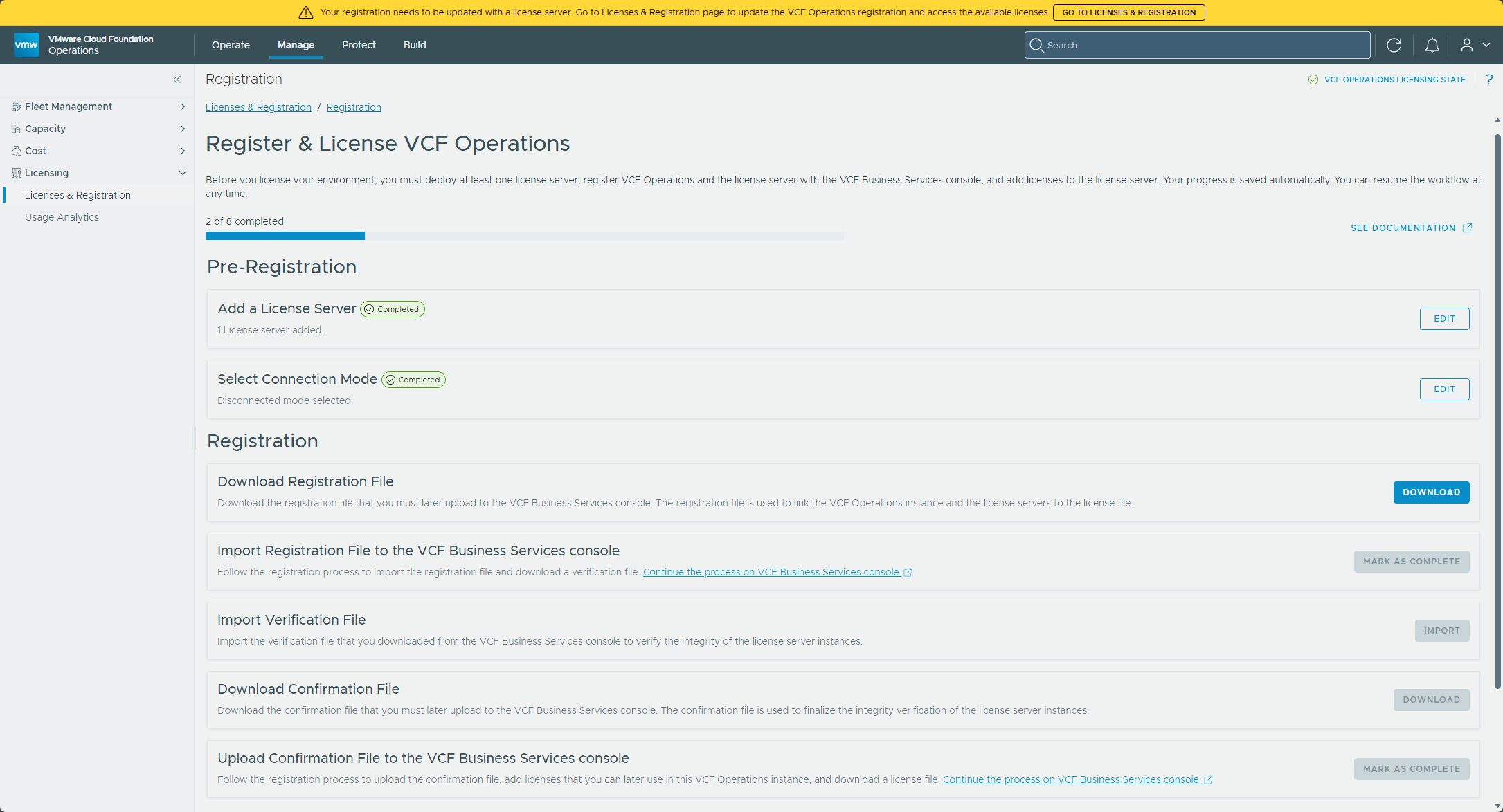 The Register & License VCF Operations workflow, 2 of 8 steps completed