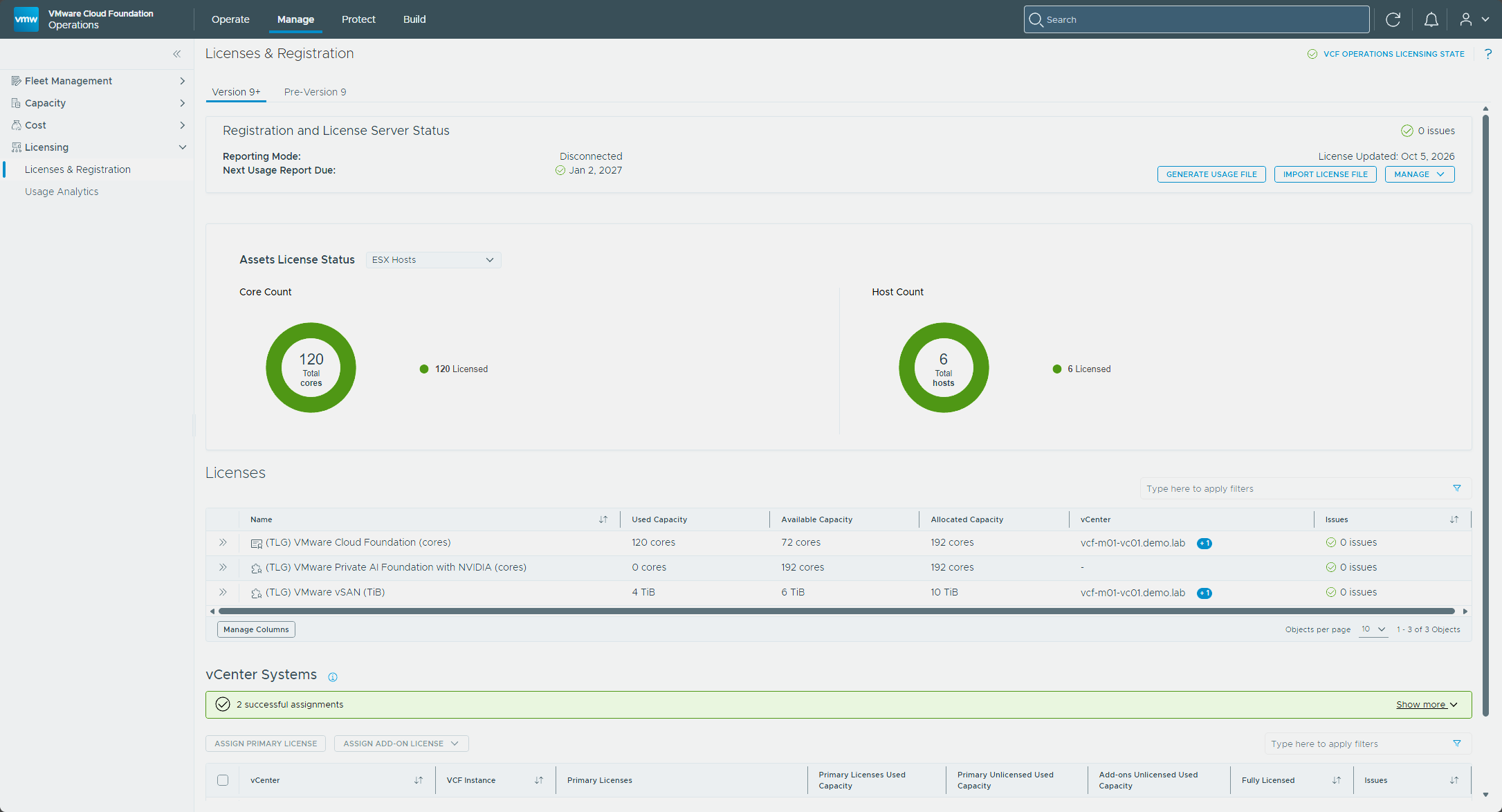 The Licenses & Registration page once the duplicates cleared, with 0 issues