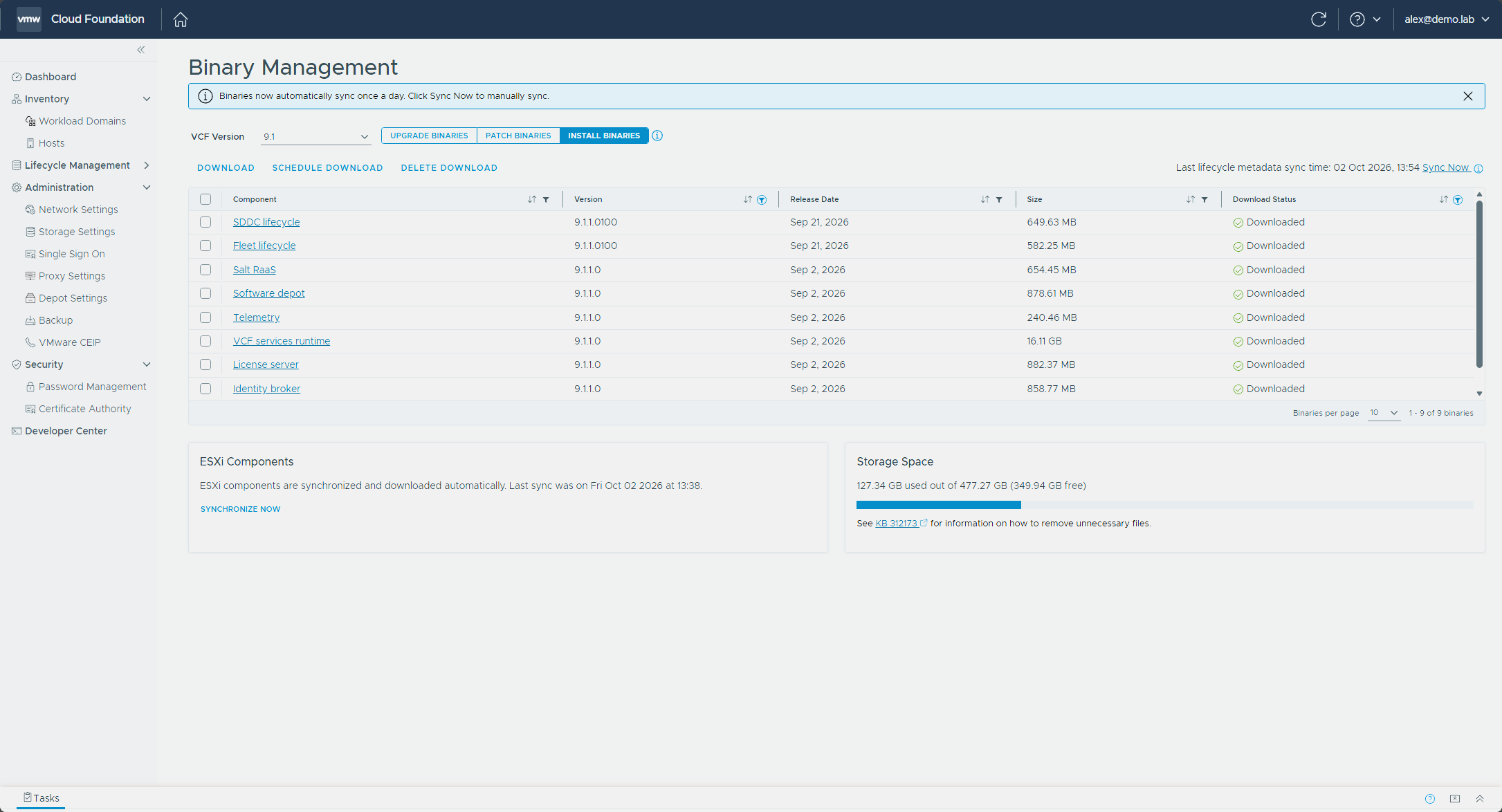 Binary Management filtered to Downloaded, showing all nine install binaries