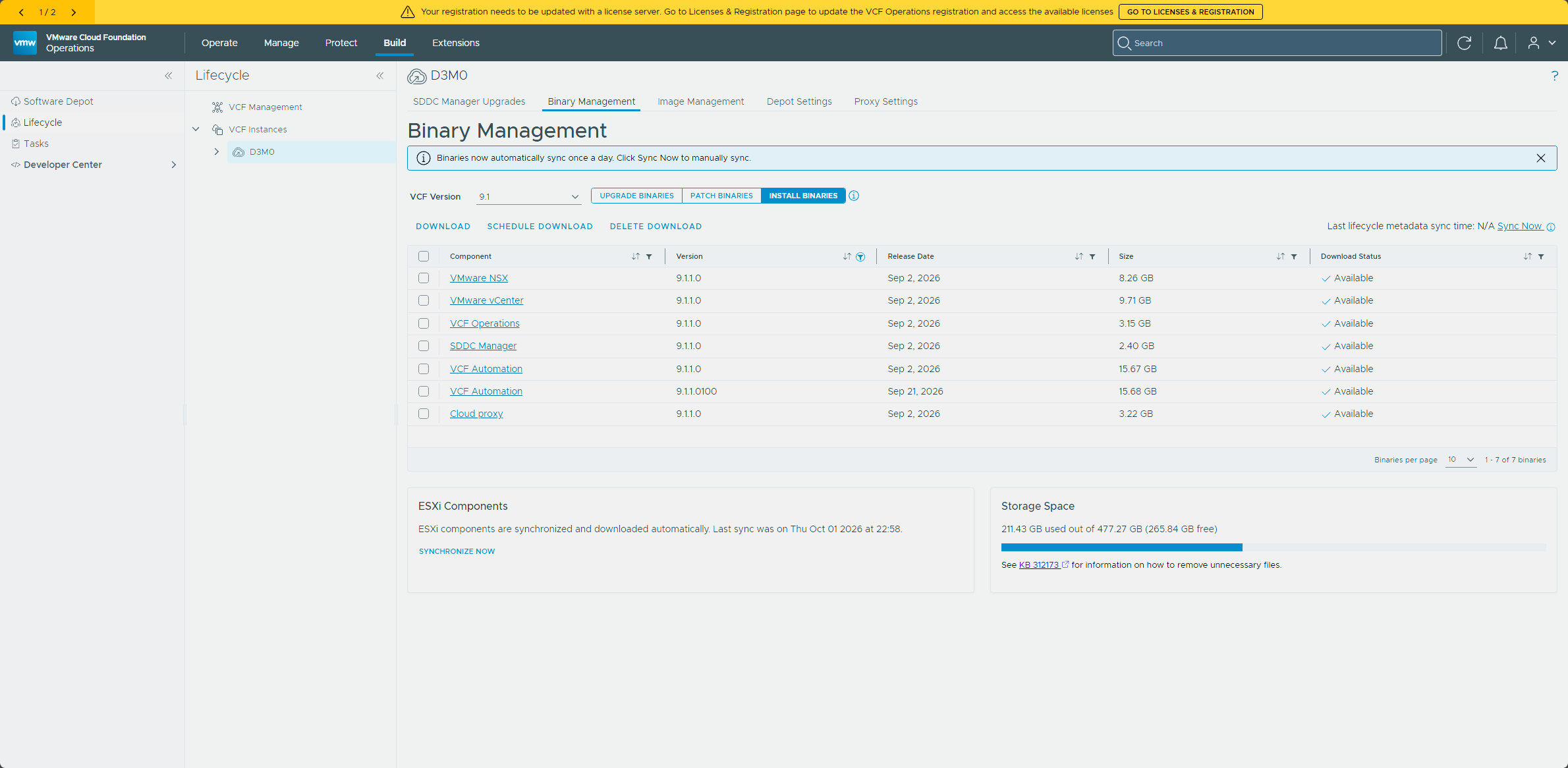 The Binary Management tab with Install Binaries selected, which doesn’t list the management services components