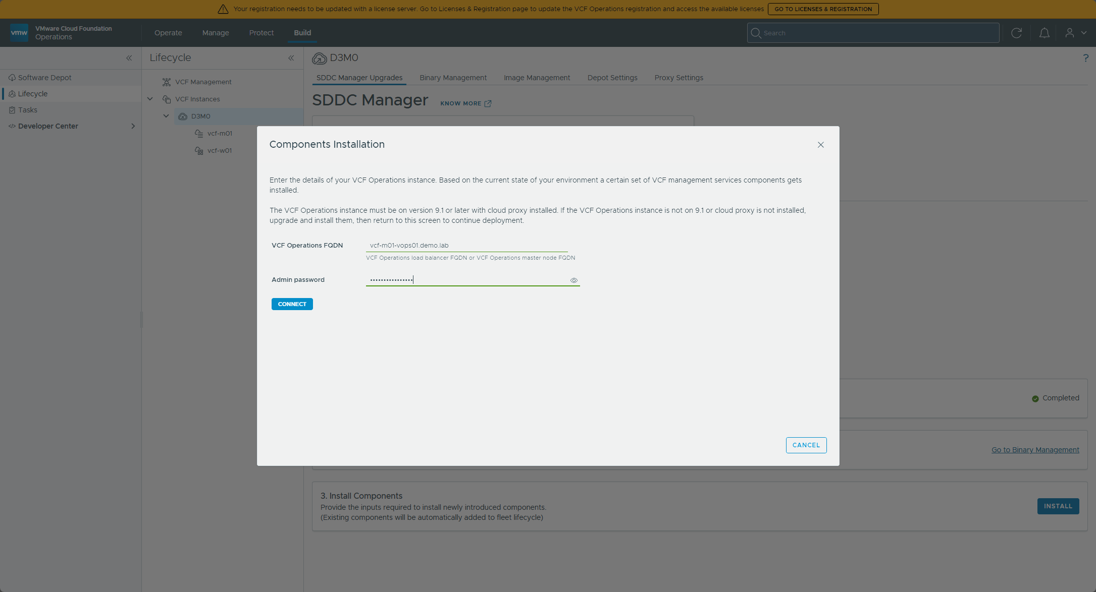 Install Components wizard - connecting to VCF Operations