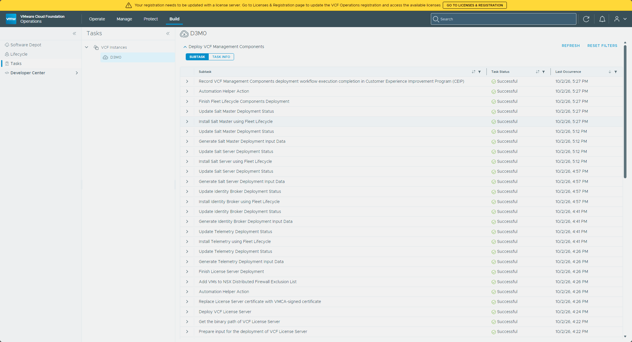 VCF Management Services deployment complete, with every subtask Successful