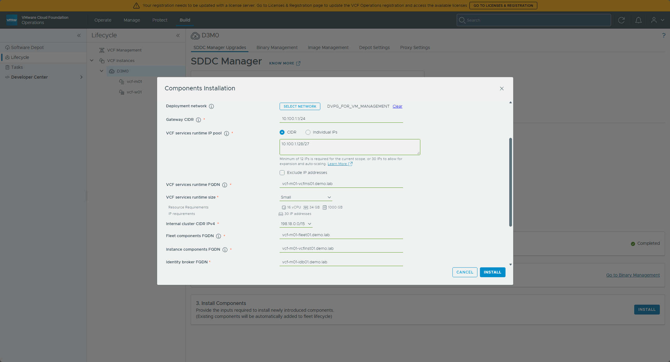 Install Components wizard - entering the runtime CIDR and the service FQDNs