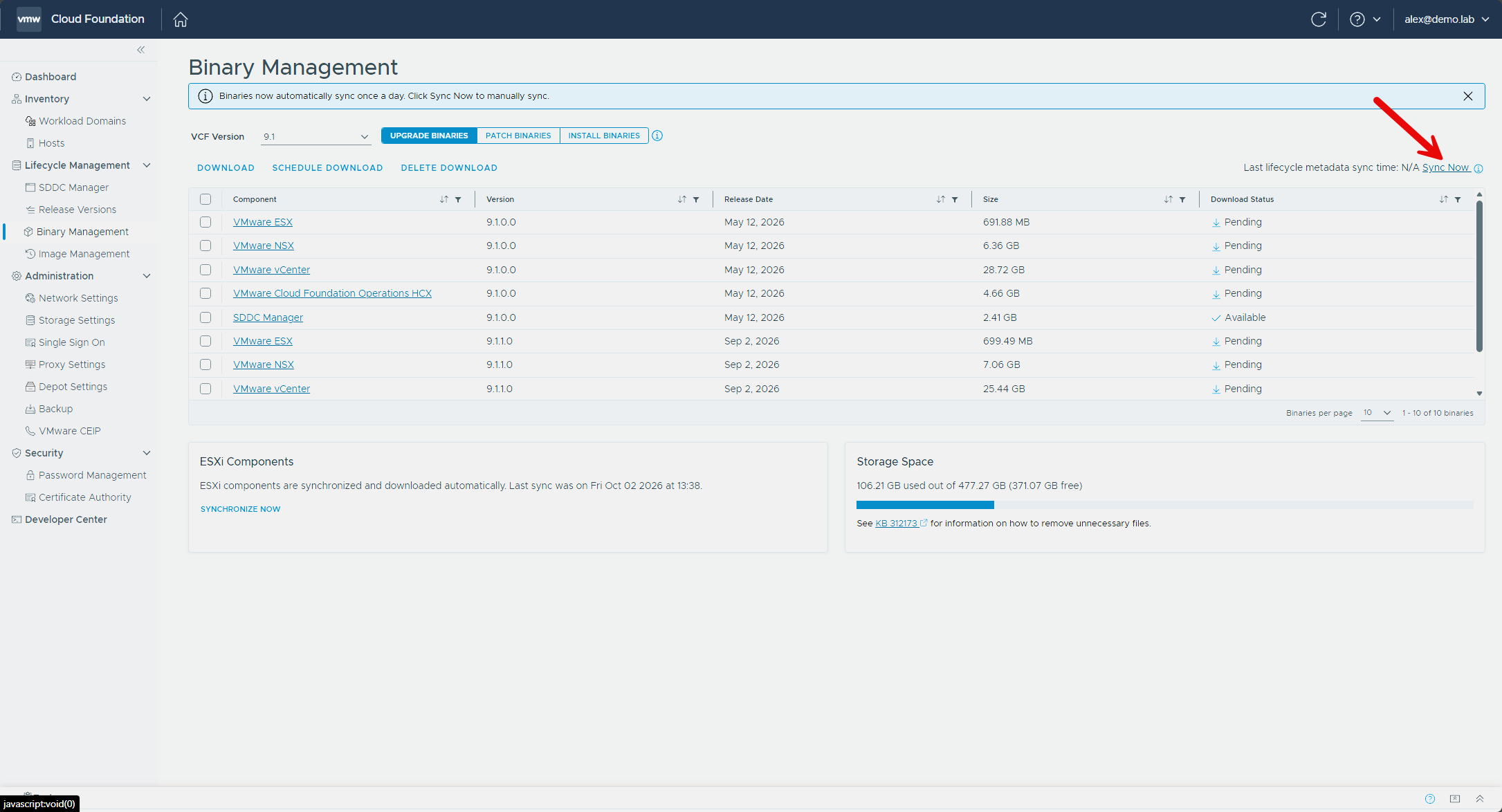SDDC Manager Binary Management with Sync Now highlighted