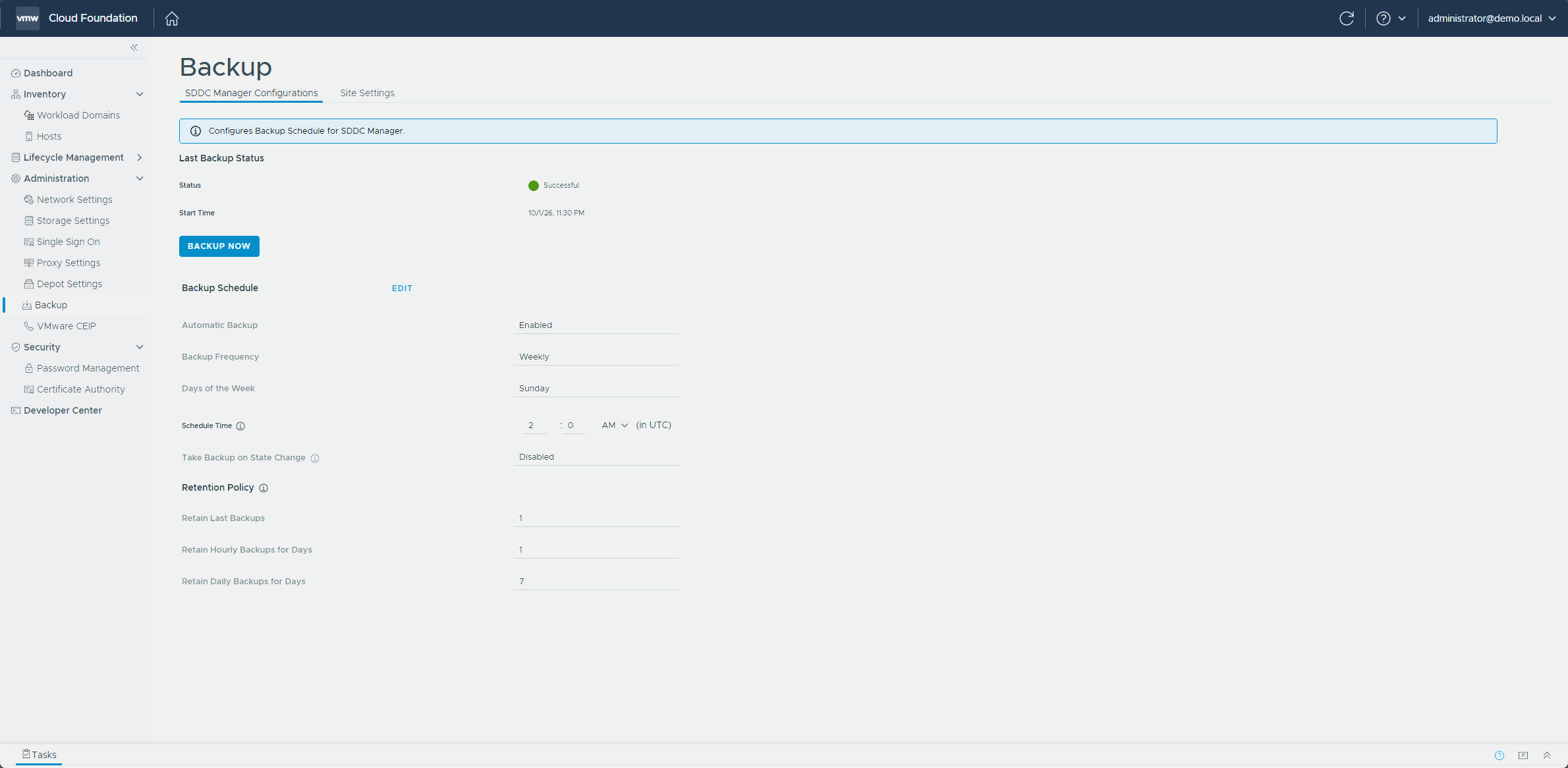 The SDDC Manager Backup page showing the last backup status and Backup Now