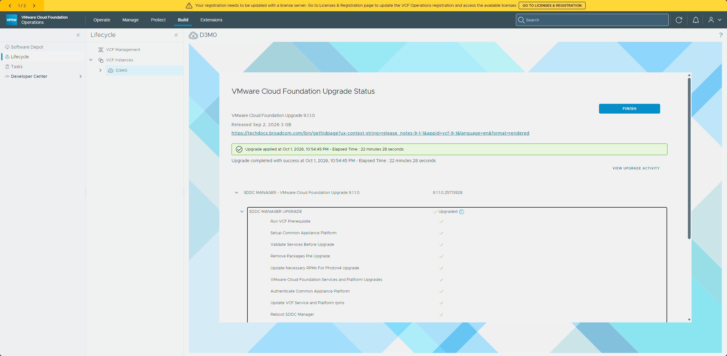 The upgrade status page showing the SDDC Manager upgrade completed successfully