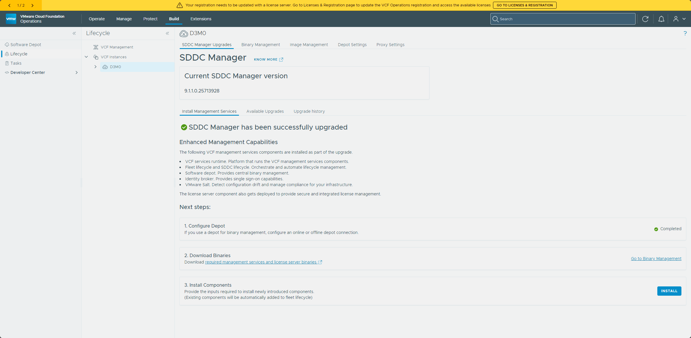 The lifecycle page showing SDDC Manager on 9.1.1.0.25713928 and the Install Management Services steps