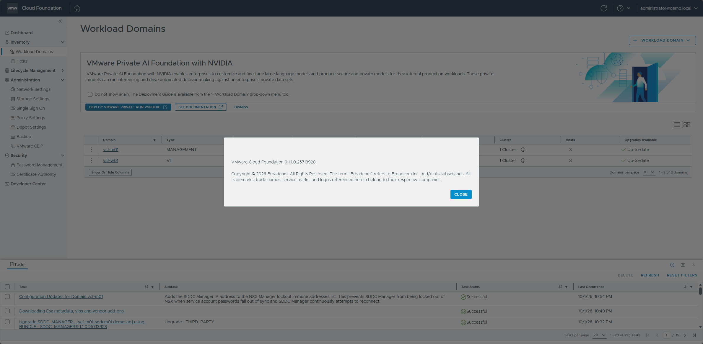 The SDDC Manager About dialog showing 9.1.1.0.25713928