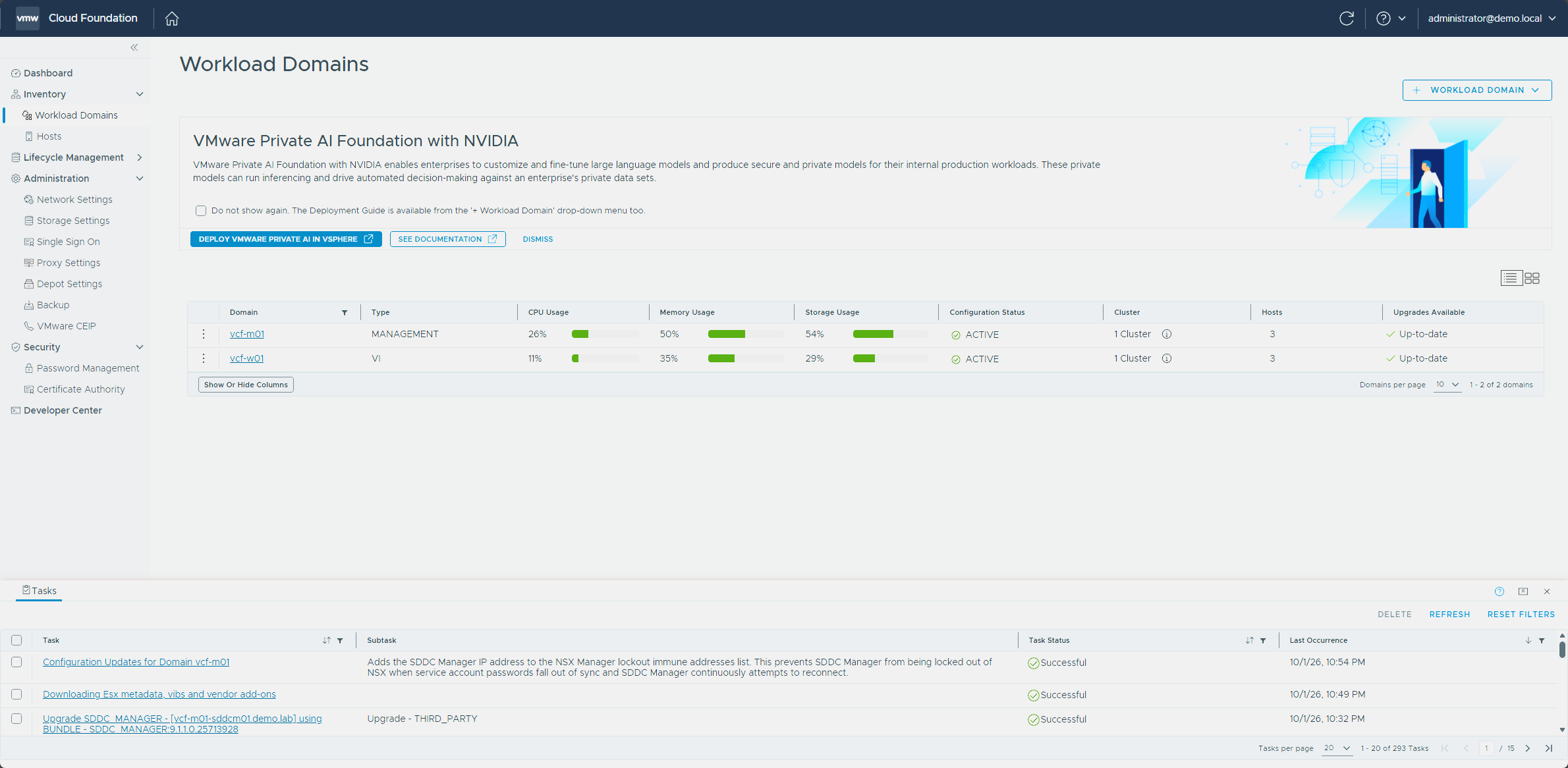 Both workload domains still ACTIVE after the upgrade