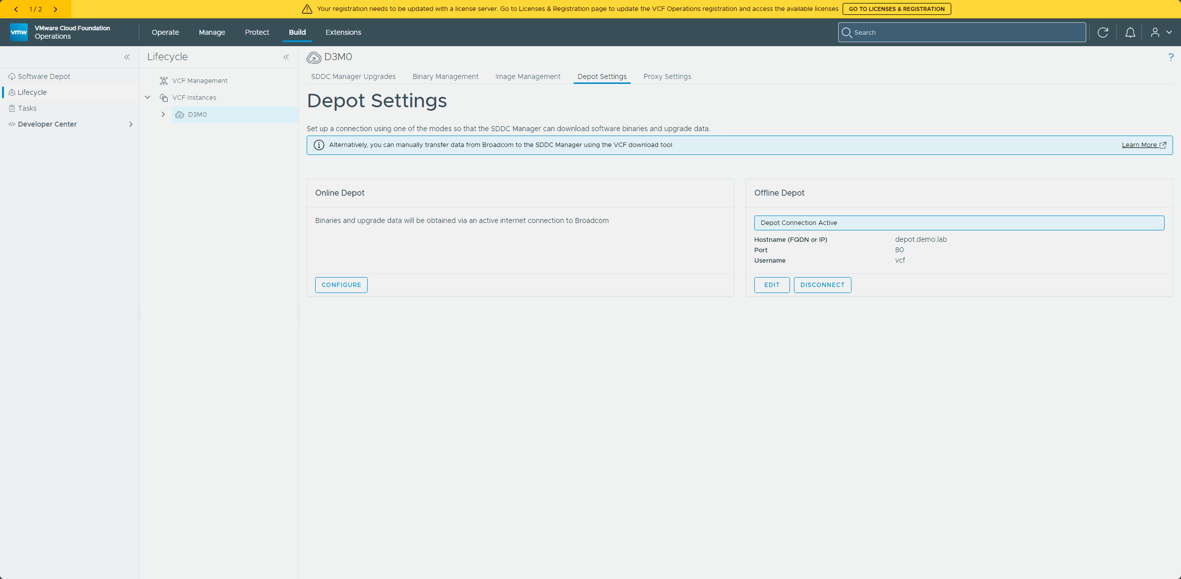 The Depot Settings tab showing the offline depot connection still active
