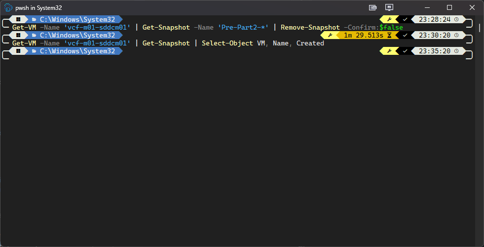 PowerCLI deleting the SDDC Manager snapshot and confirming nothing is left