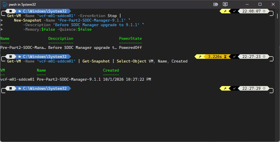 PowerCLI creating and then listing the SDDC Manager snapshot