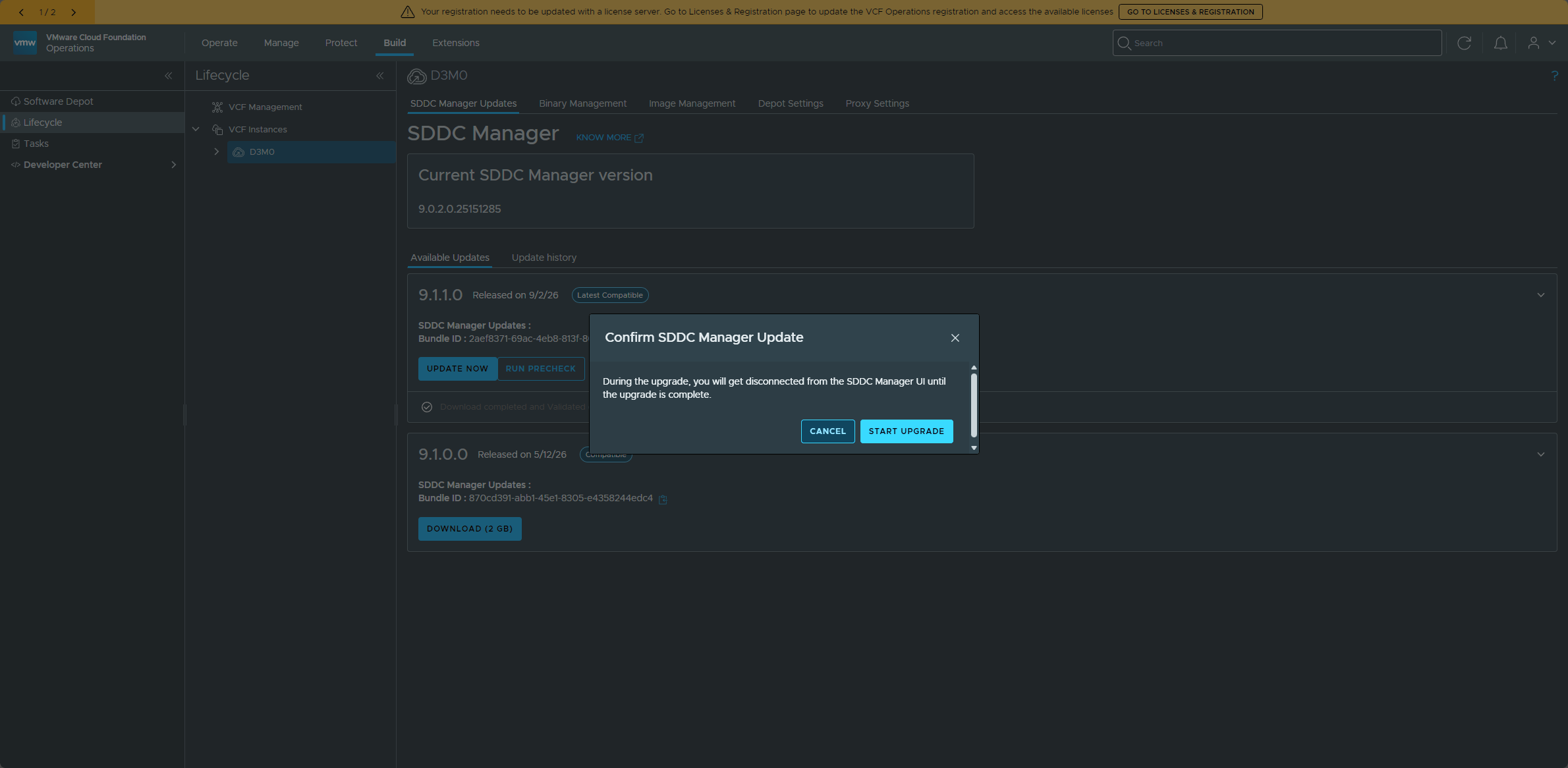 Confirming the SDDC Manager upgrade with Start Upgrade