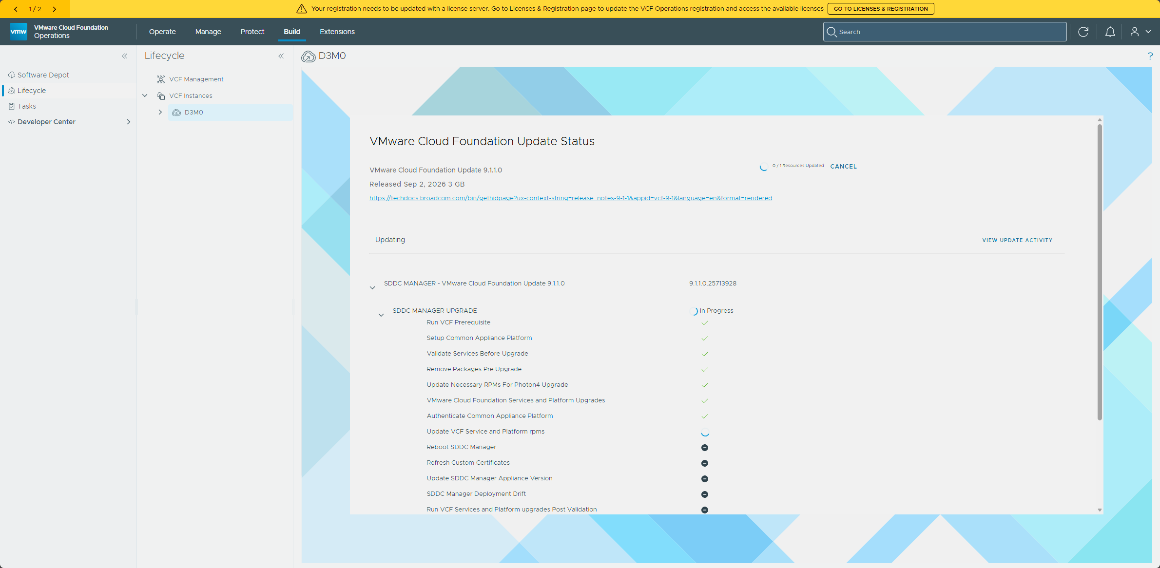 The update status page working through the SDDC Manager upgrade stages