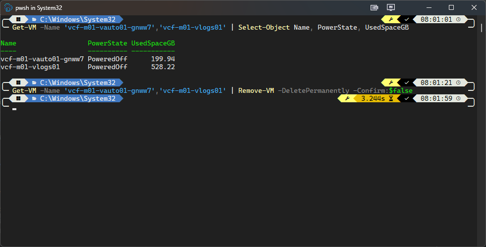 Deleting the old Automation node and the old Logs appliance with PowerCLI