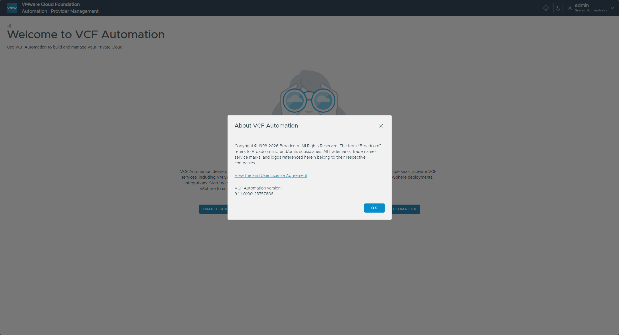 The About dialog in the VCF Automation UI