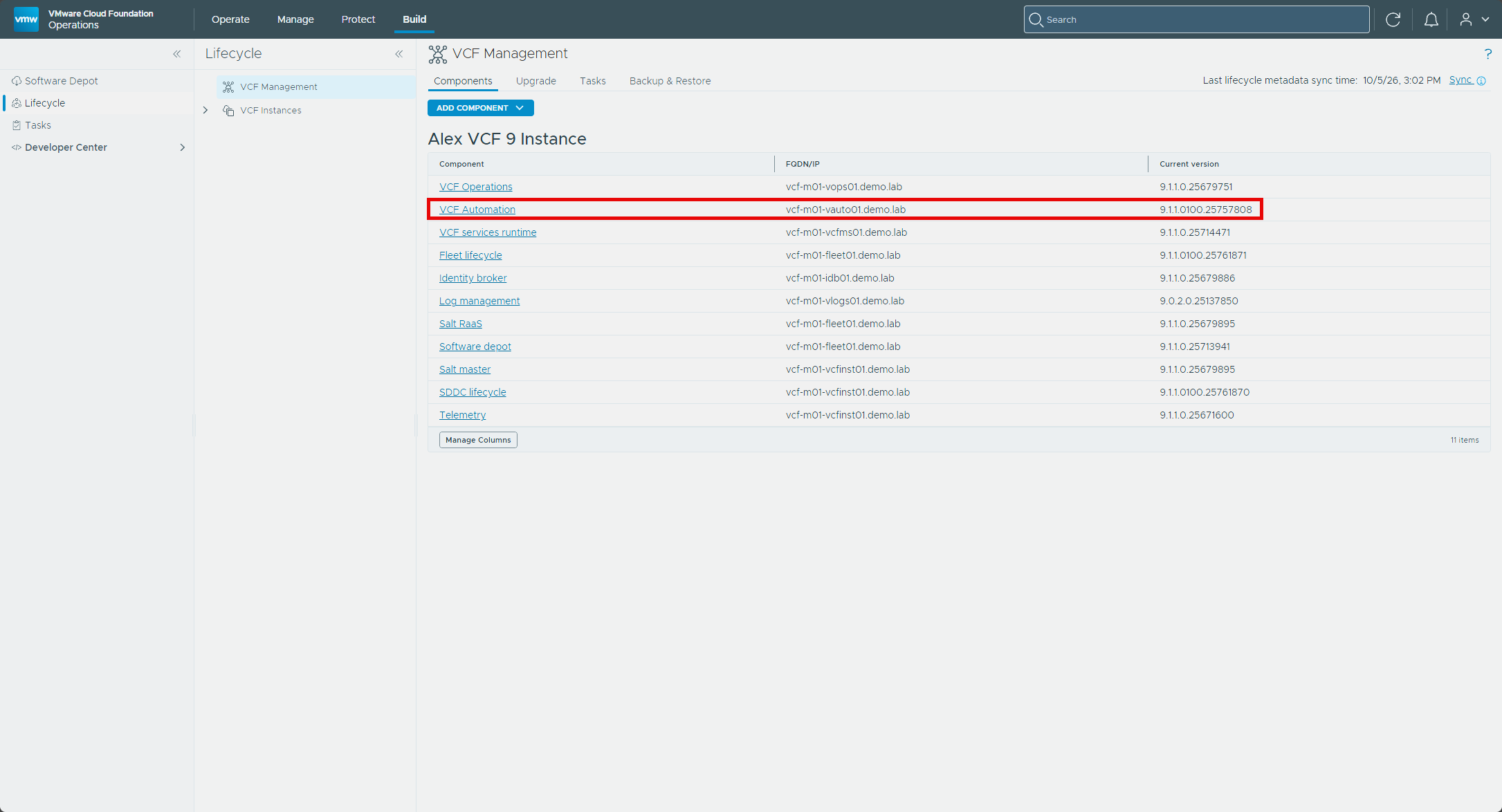 The Components tab with VCF Automation on 9.1.1.0100.25757808