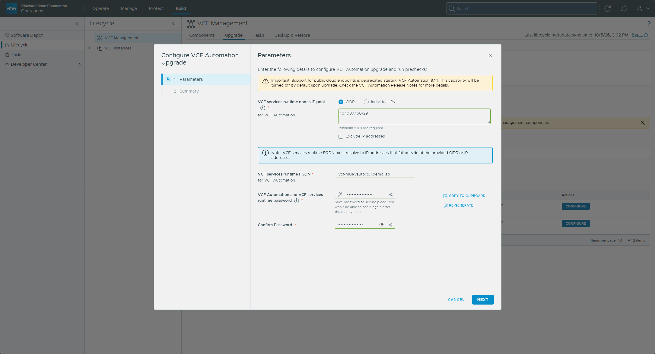 The Configure VCF Automation Upgrade Parameters page
