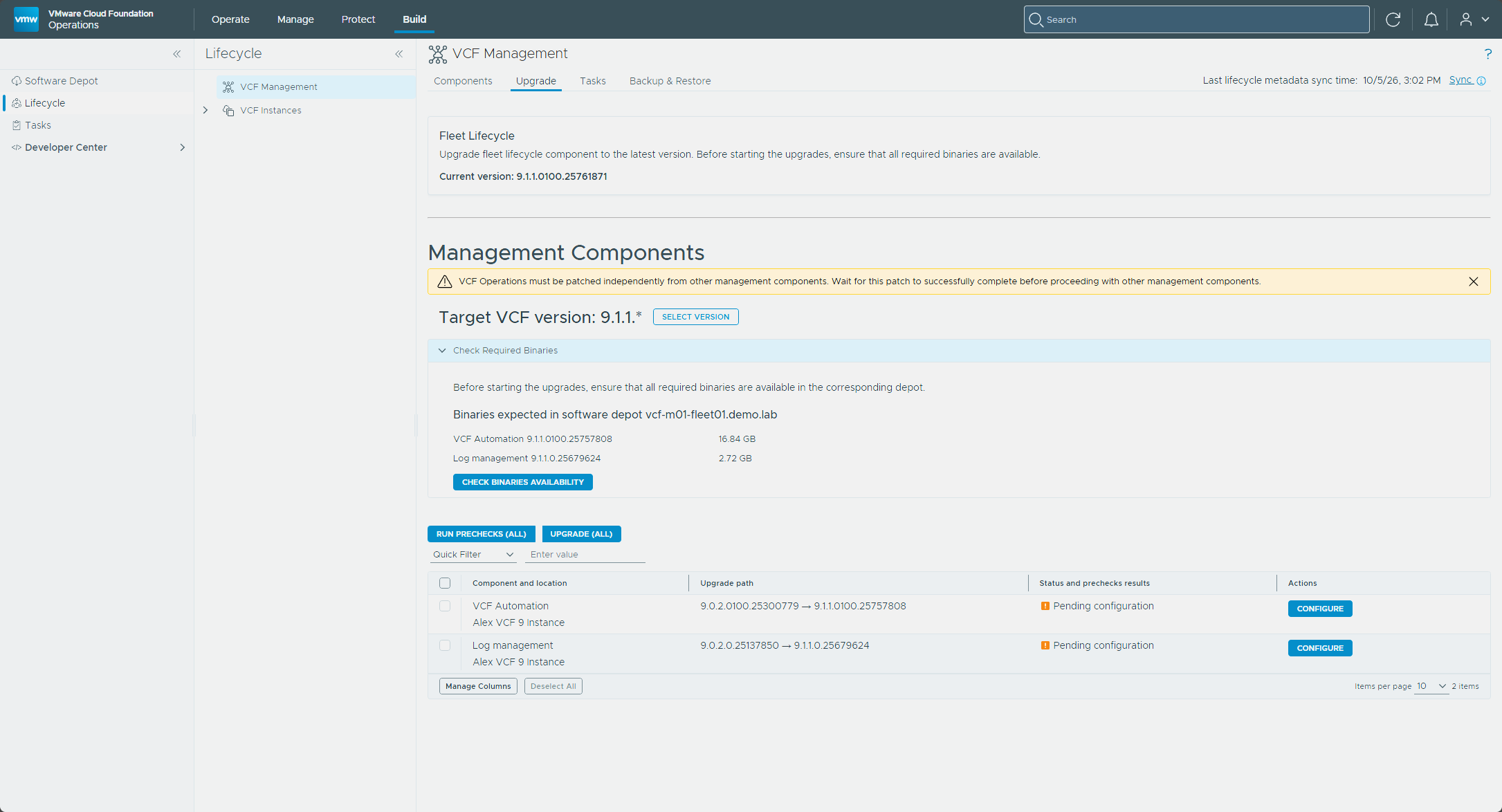 VCF Operations Lifecycle - VCF Automation 9.1 upgrade available