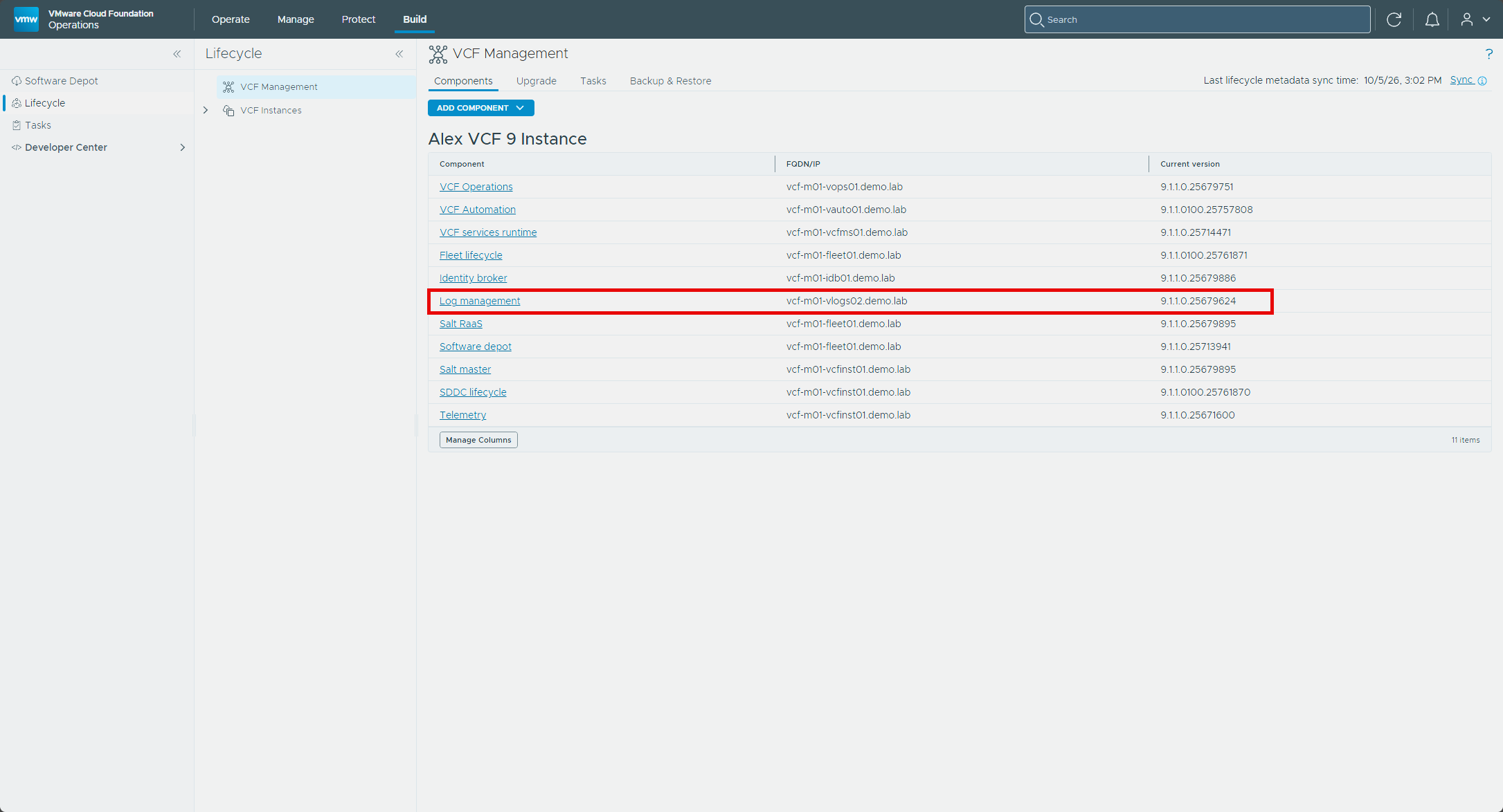 The Components tab with log management listed at 9.1.1.0.25679624