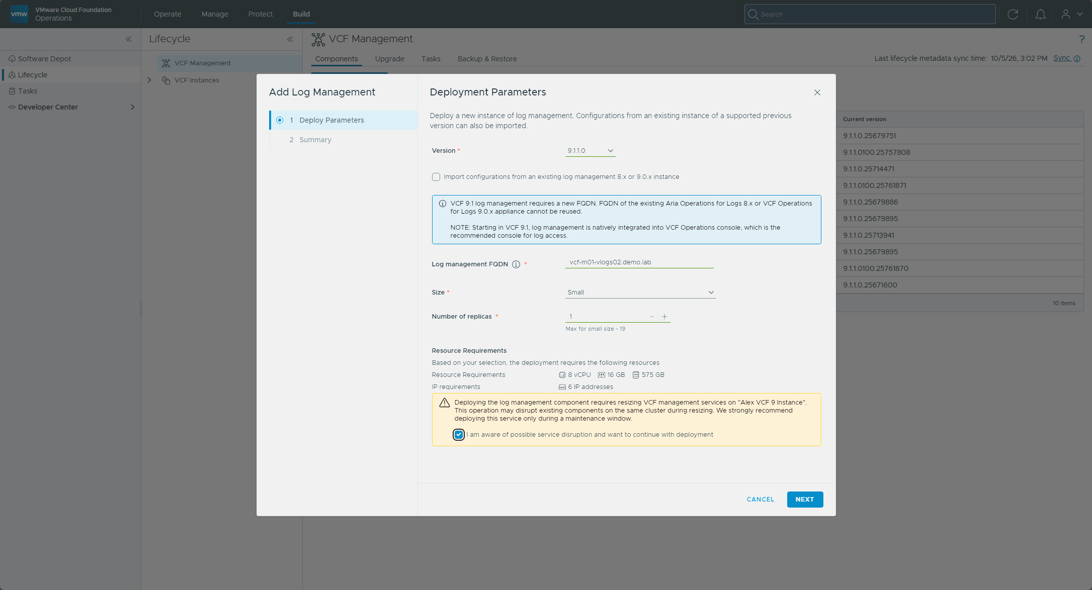 The Add Log Management wizard with the import box unticked