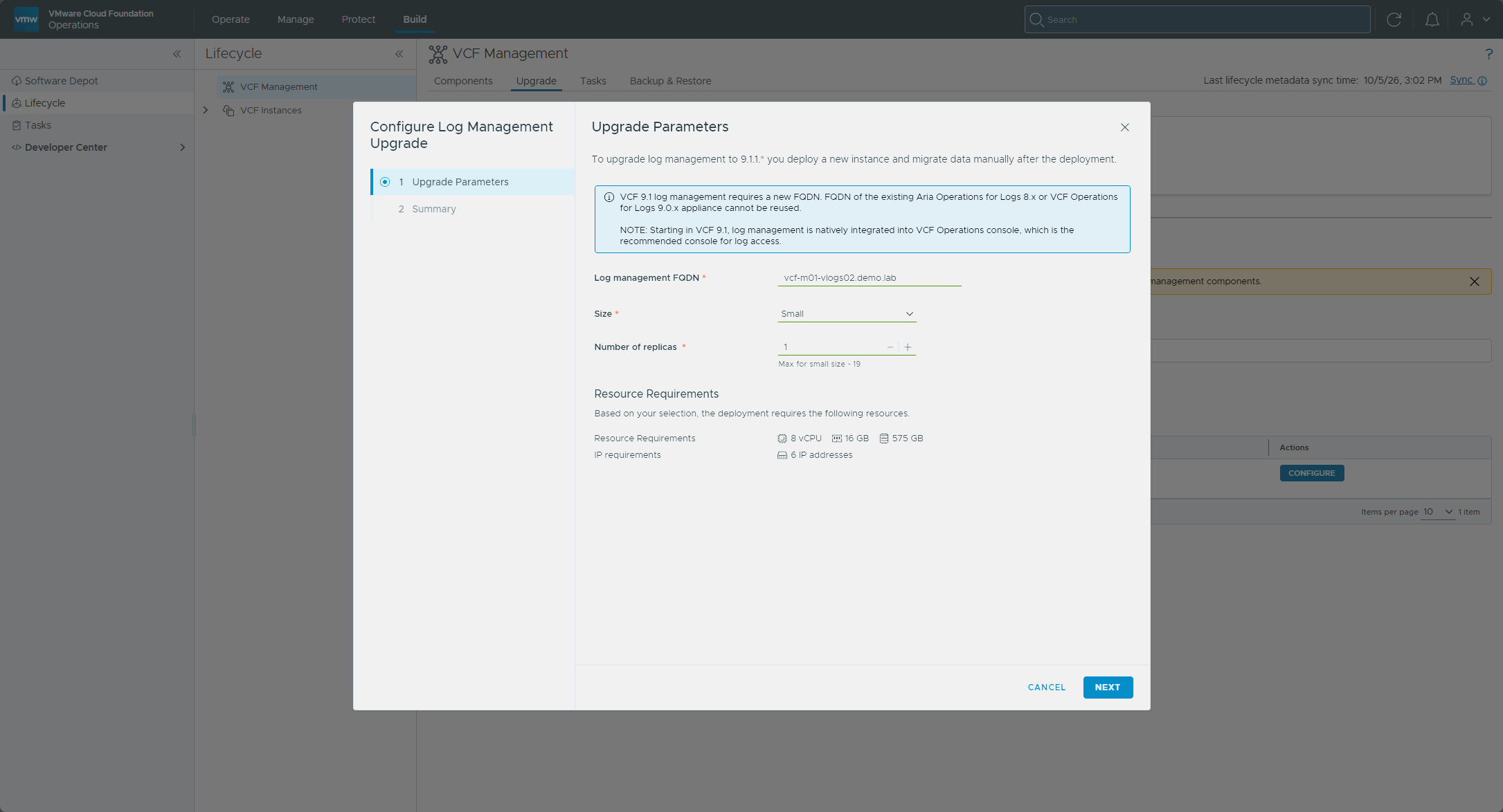 The Configure Log Management Upgrade wizard with the FQDN and Small size filled in