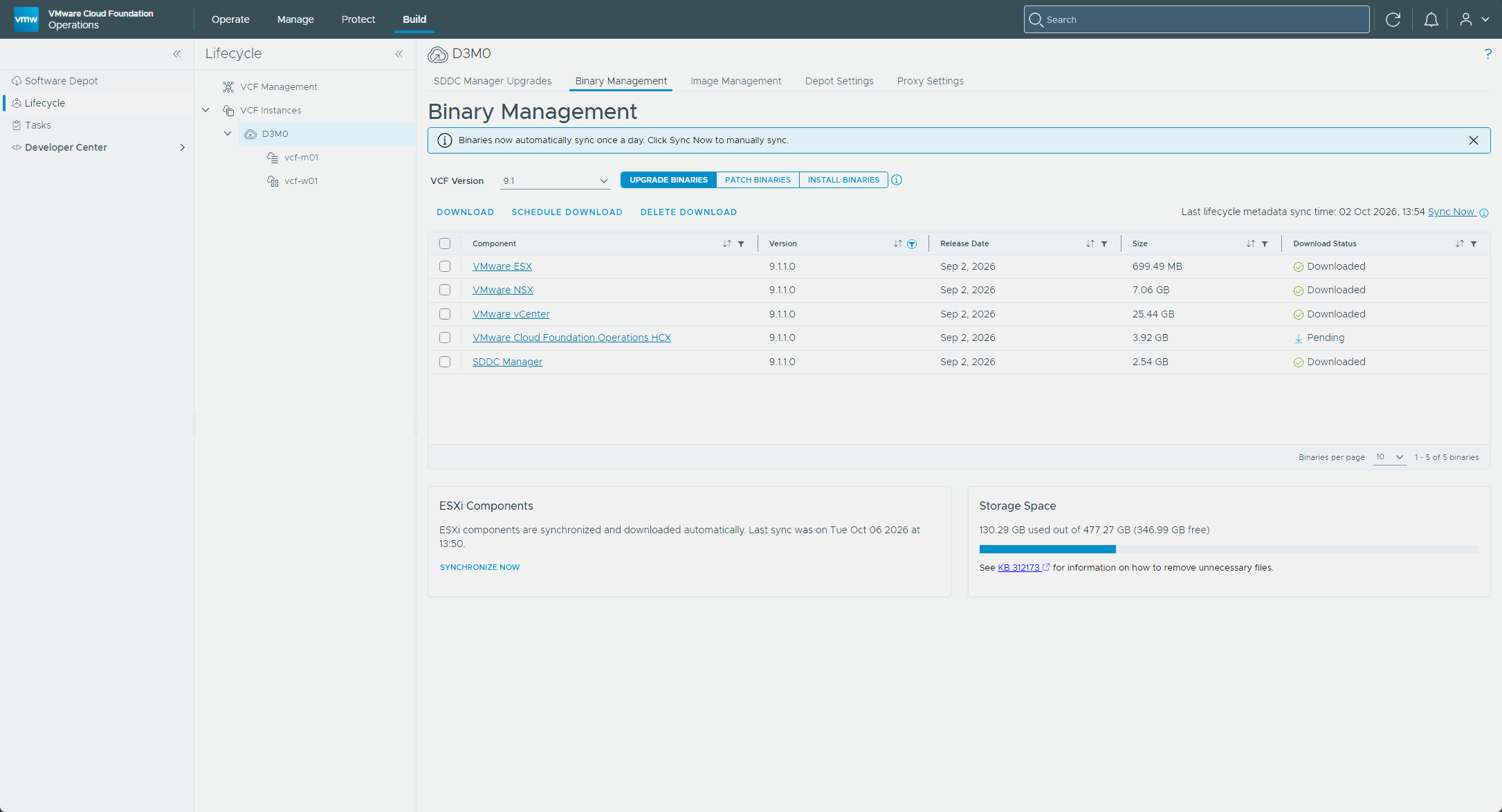 ESX, NSX, and vCenter 9.1.1.0 showing Downloaded