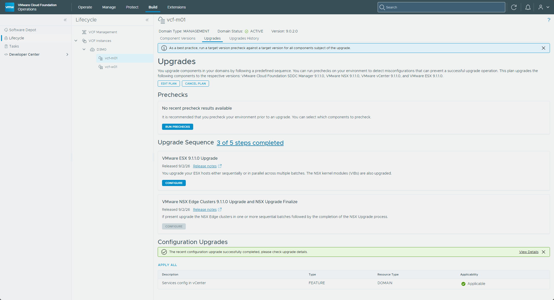 The Upgrades tab after the vCenter upgrade, with a configuration upgrade available