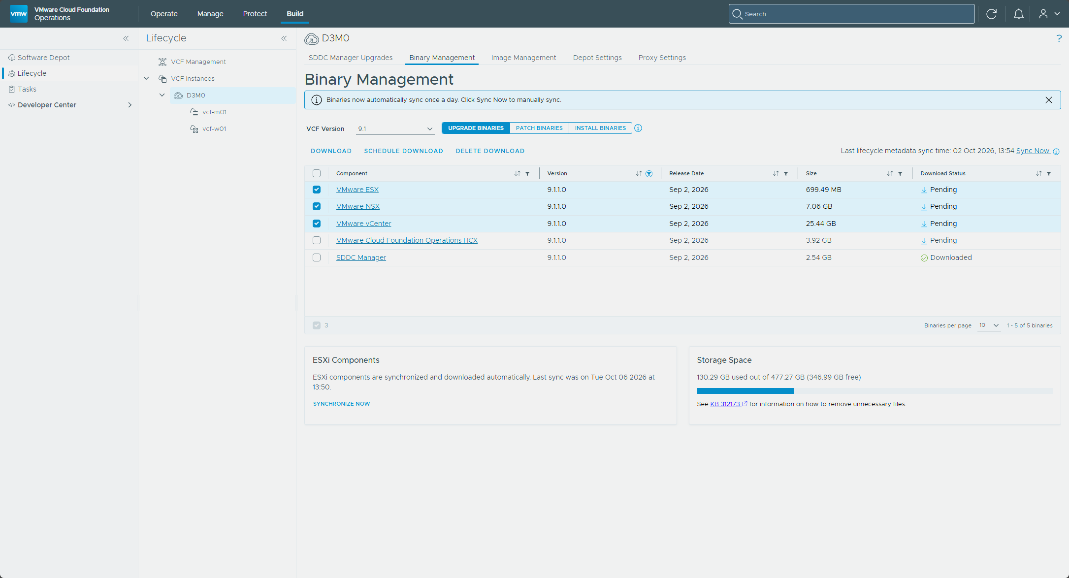The Binary Management tab with the ESX, NSX, and vCenter 9.1.1.0 upgrade binaries selected