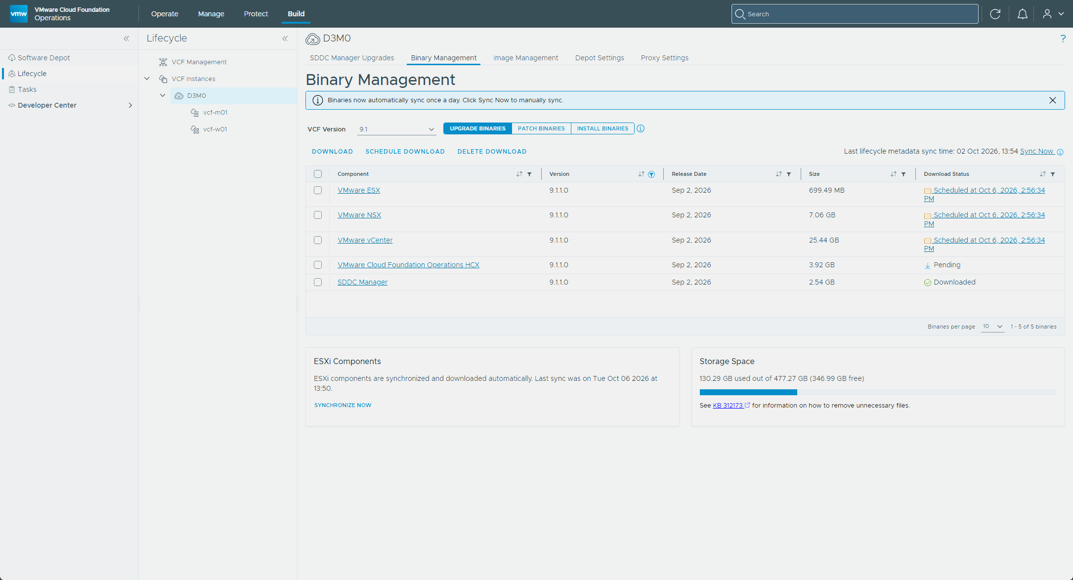The three upgrade binaries scheduled for download