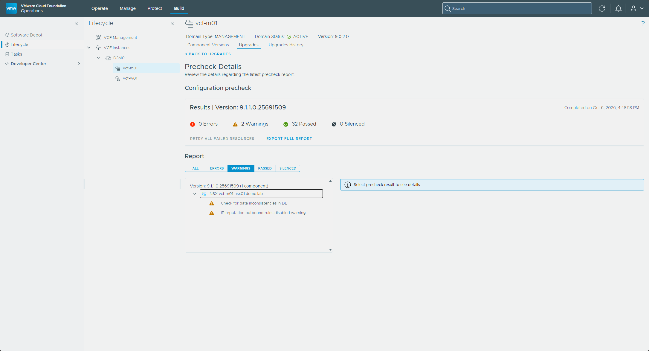 The NSX configuration precheck report with 0 errors, 2 warnings, and 32 passed