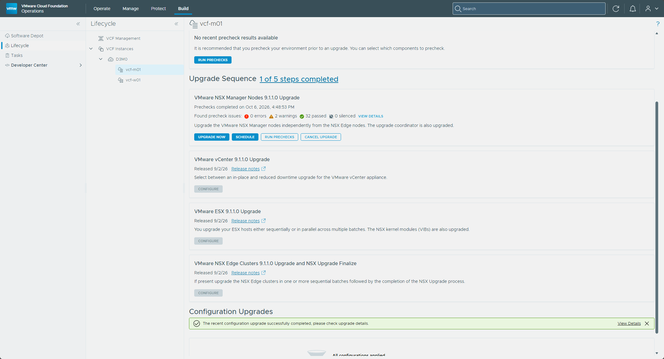 The NSX Manager tile after its own precheck