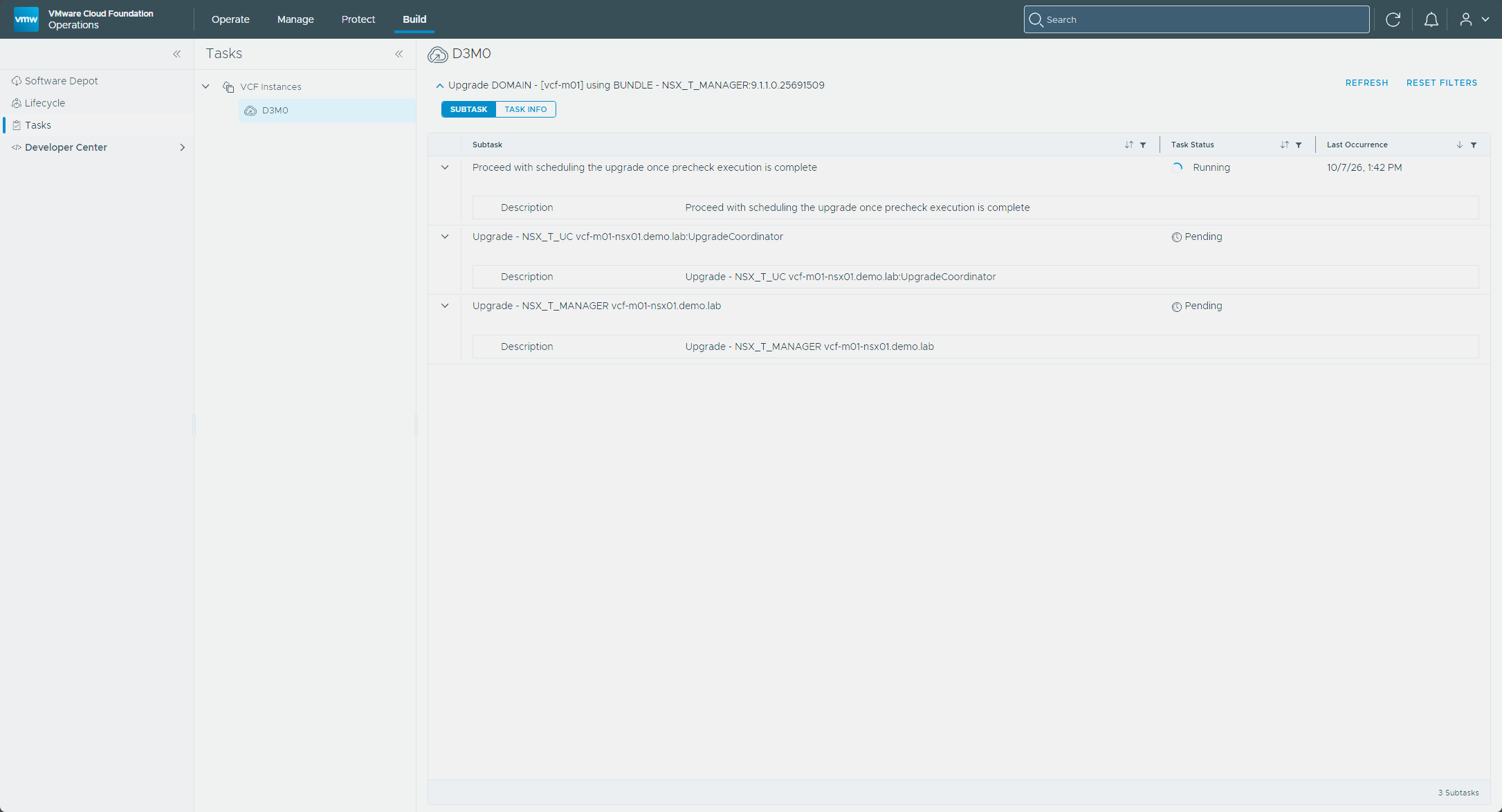 The NSX upgrade task and its three subtasks in the Tasks panel
