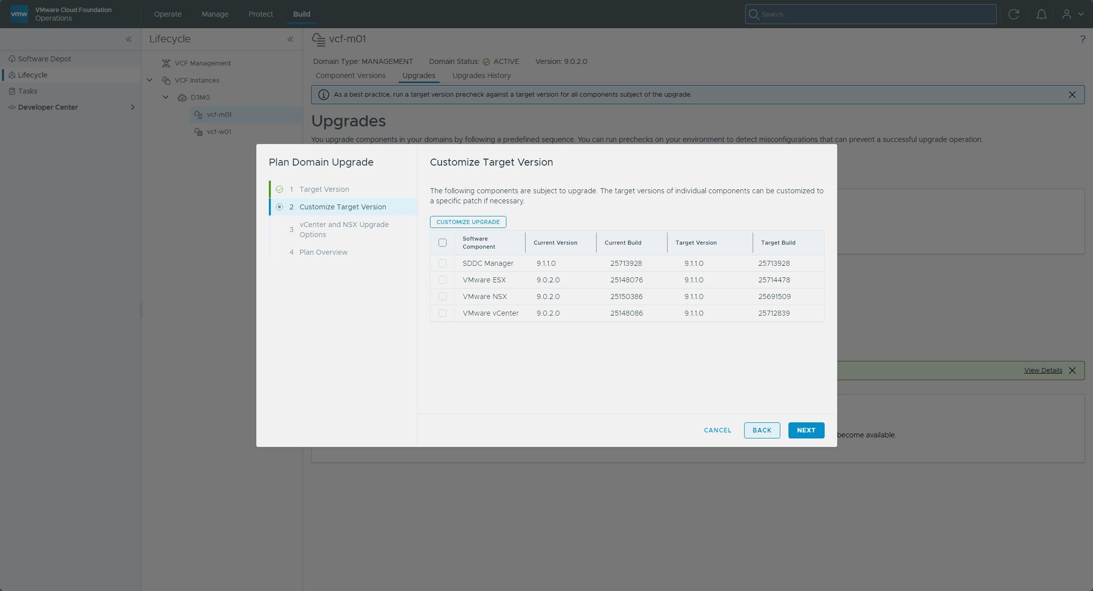 The Customize Target Version step with the current and target builds