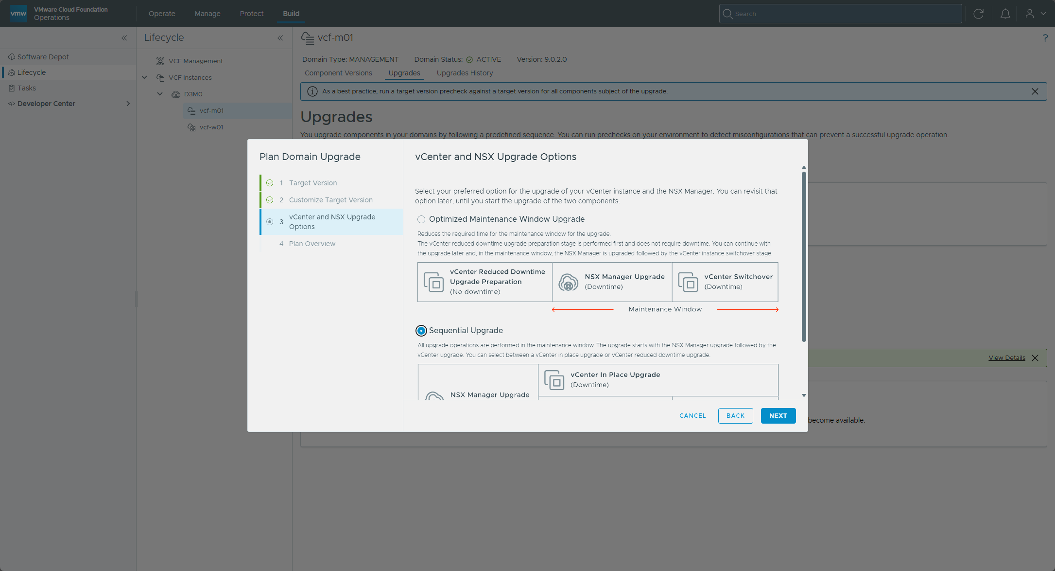 The vCenter and NSX Upgrade Options step with Sequential Upgrade selected
