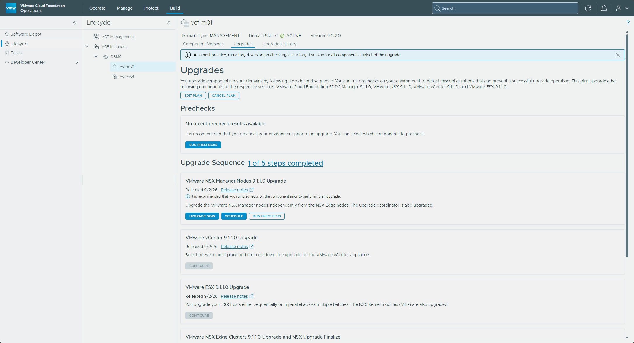 The Upgrades tab after submitting the plan, with the upgrade sequence