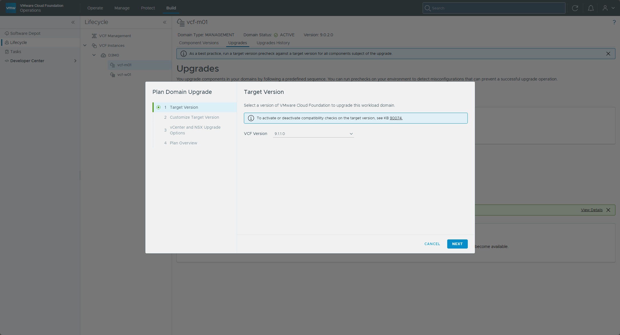 The Target Version step with 9.1.1.0 selected