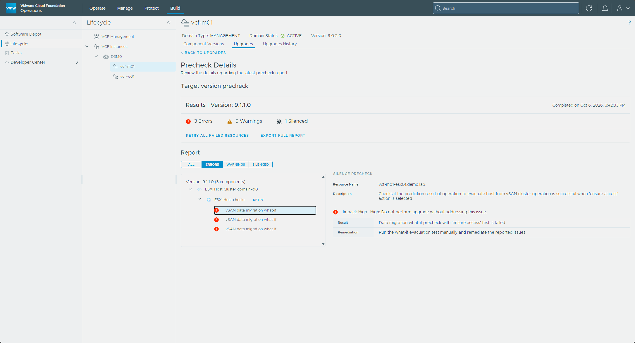 The three vSAN data migration what-if errors