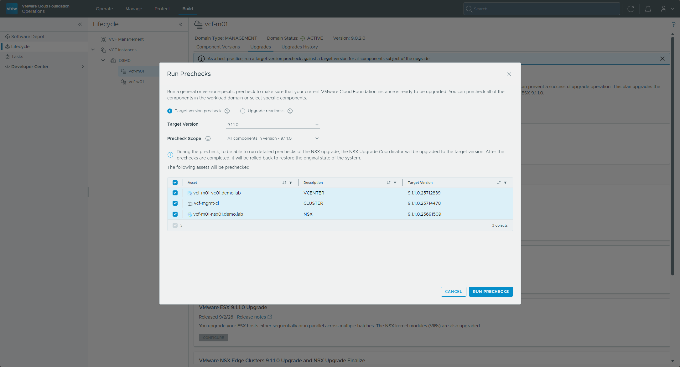 The Run Prechecks dialog with all three assets selected