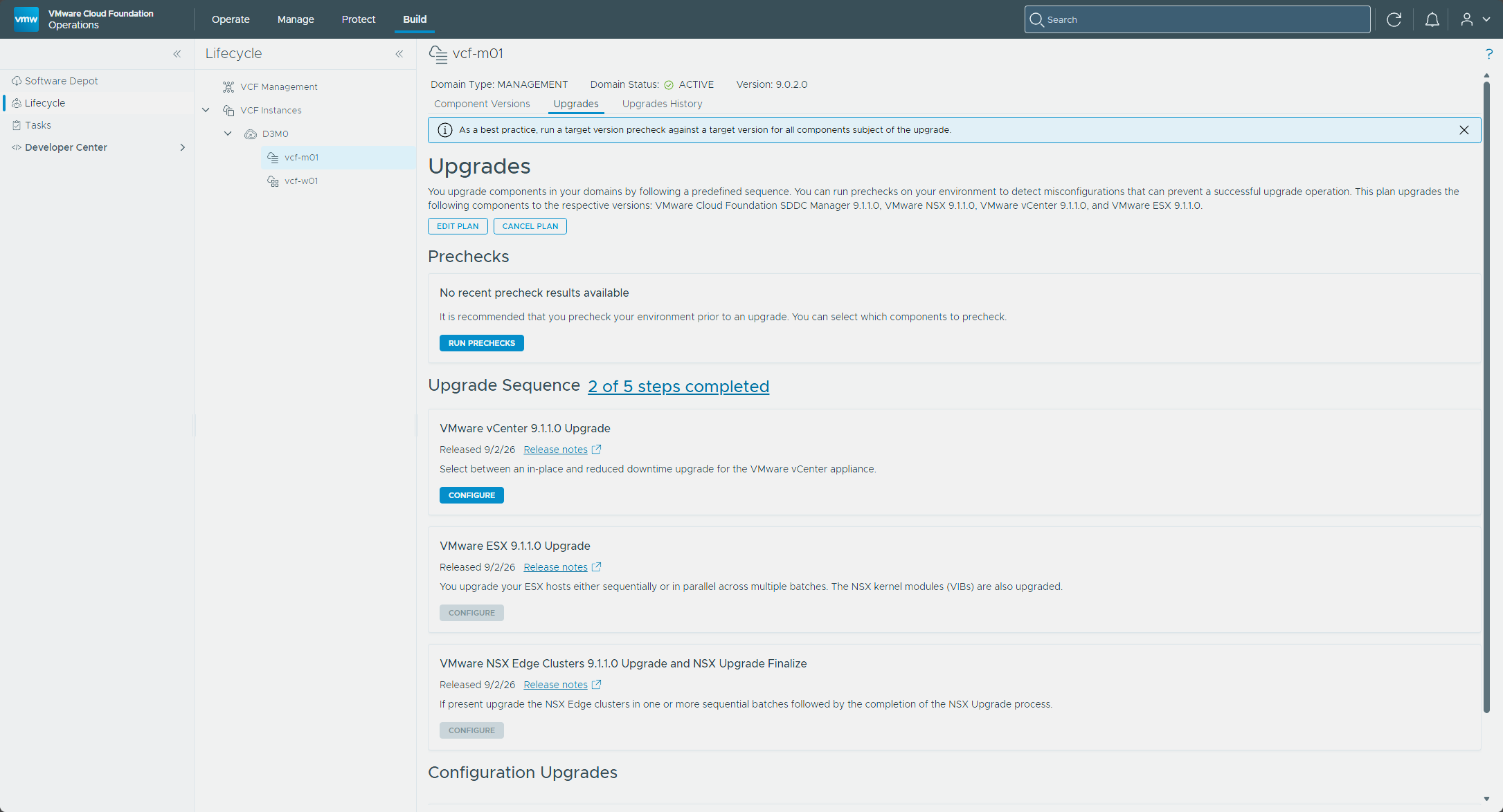 The Upgrades tab with the NSX Manager step complete and Configure active on the vCenter tile