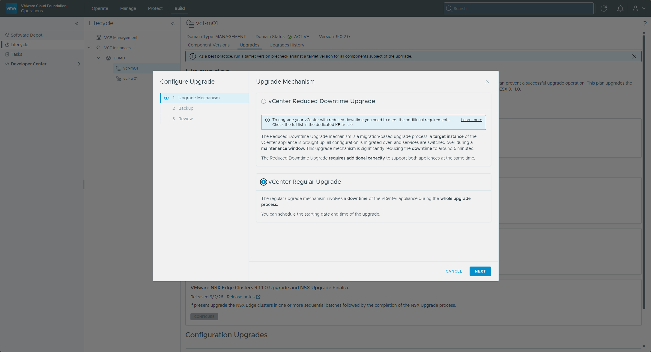 The Configure Upgrade wizard with vCenter Regular Upgrade selected