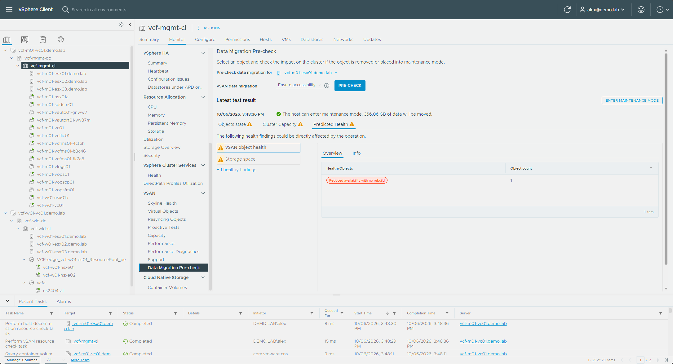 The predicted vSAN object health